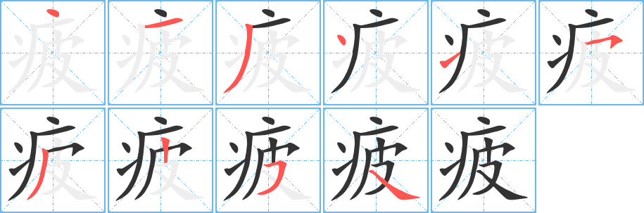 疲字笔画写法